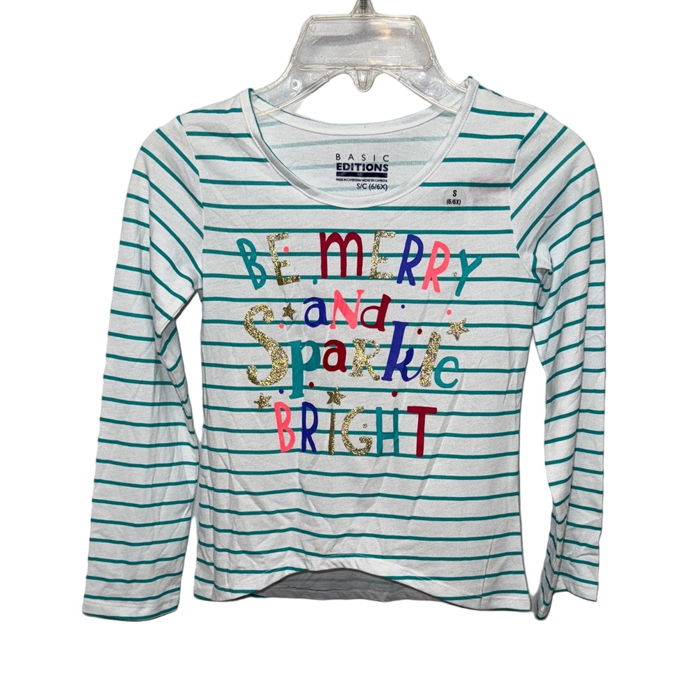 Basic Editions Girls S 6 6X Merry And Sparkle Striped Christmas Tee Holiday